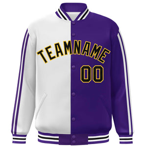 Custom Purple White-Black Two Tone Color Block Bomber Varsity Baseball Jacket