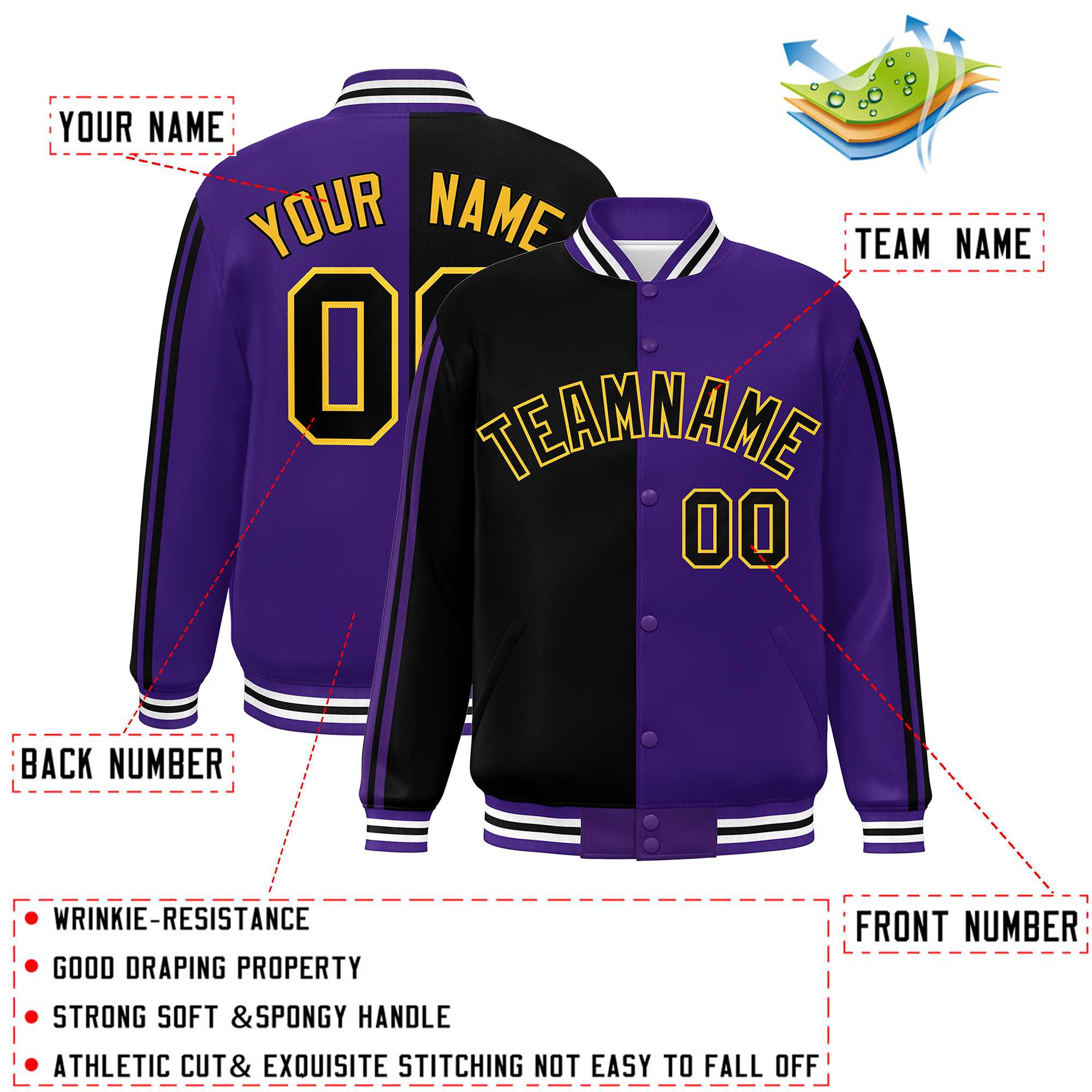 Custom Purple Black-Yellow Two Tone Color Block Bomber Varsity Baseball Jacket