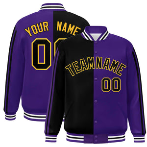 Custom Purple Black-Yellow Two Tone Color Block Bomber Varsity Baseball Jacket