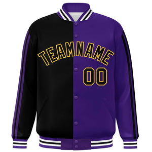 Custom Purple Black-Yellow Two Tone Color Block Bomber Varsity Baseball Jacket