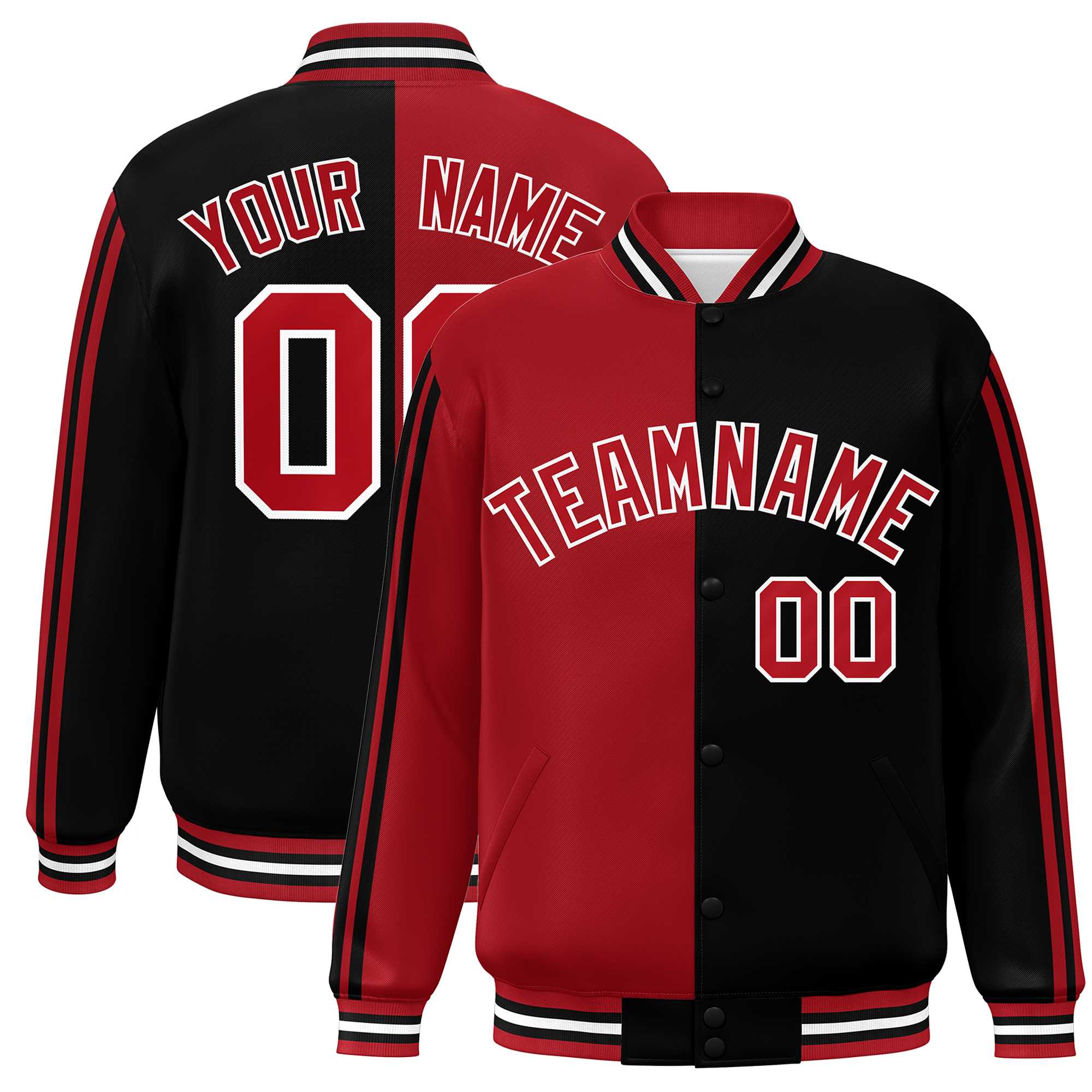 Custom Black Red-White Two Tone Color Block Bomber Varsity Baseball Jacket