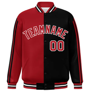 Custom Black Red-White Two Tone Color Block Bomber Varsity Baseball Jacket