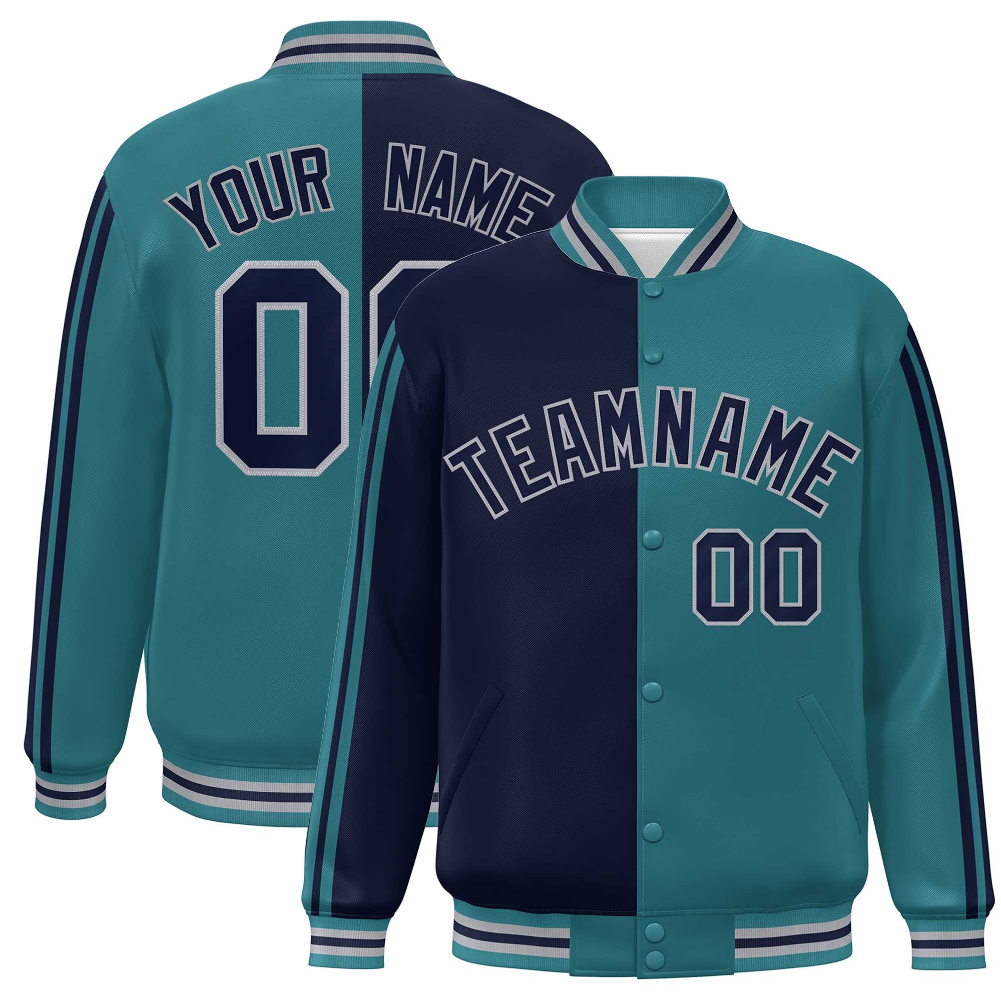 Custom Aqua Navy-Gray Two Tone Color Block Bomber Varsity Baseball Jacket