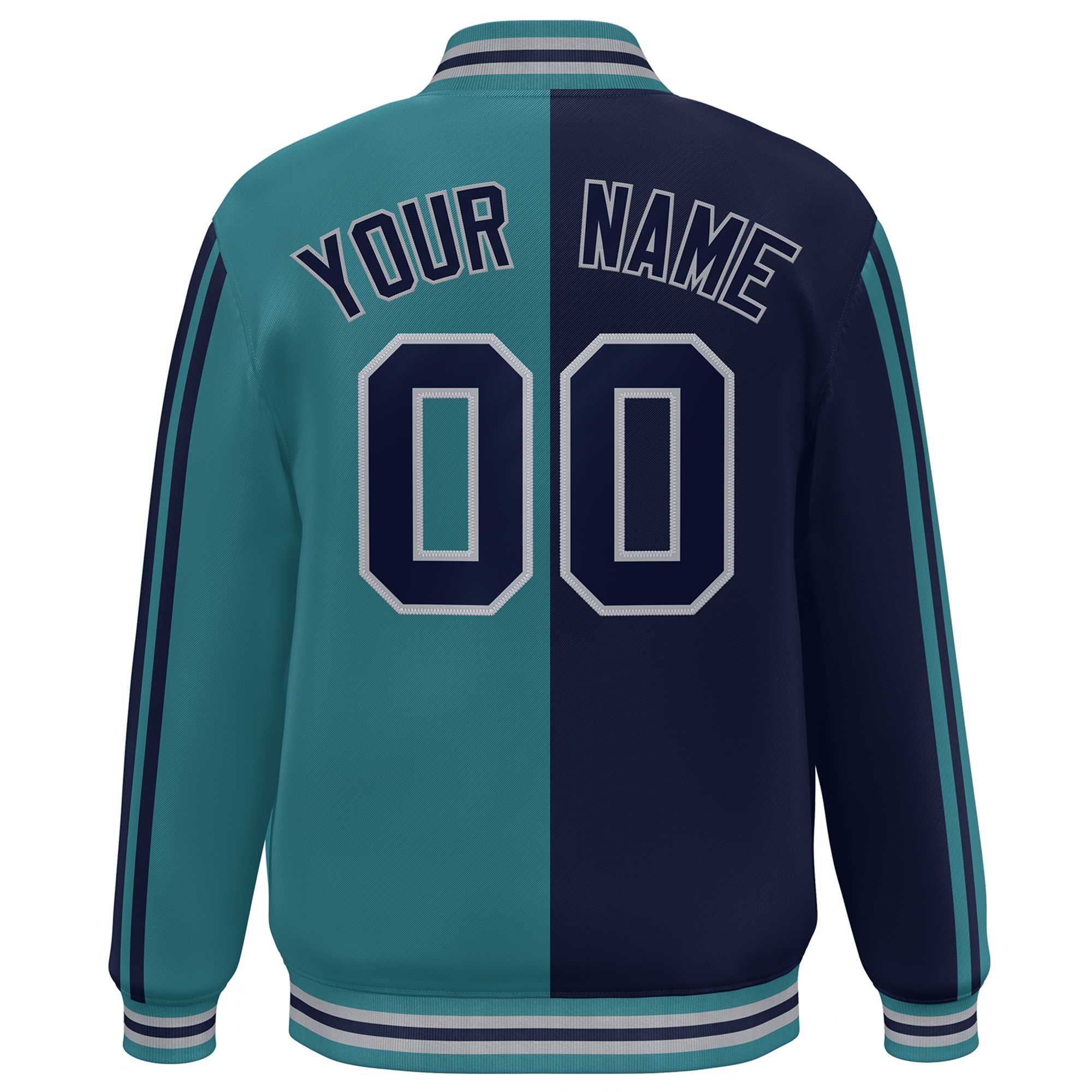 Custom Aqua Navy-Gray Two Tone Color Block Bomber Varsity Baseball Jacket