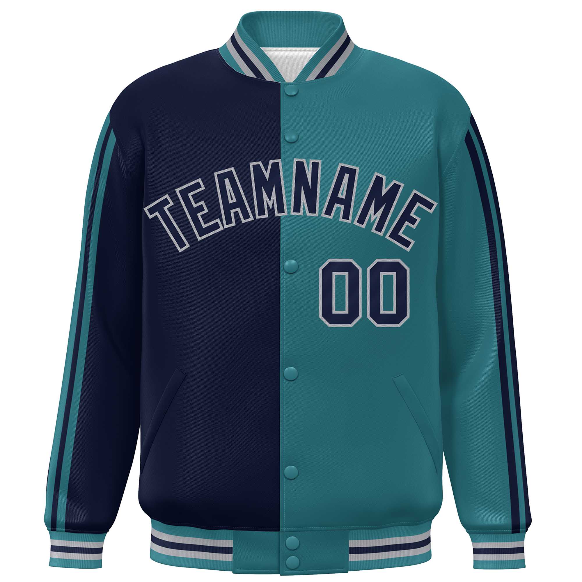 Custom Aqua Navy-Gray Two Tone Color Block Bomber Varsity Baseball Jacket