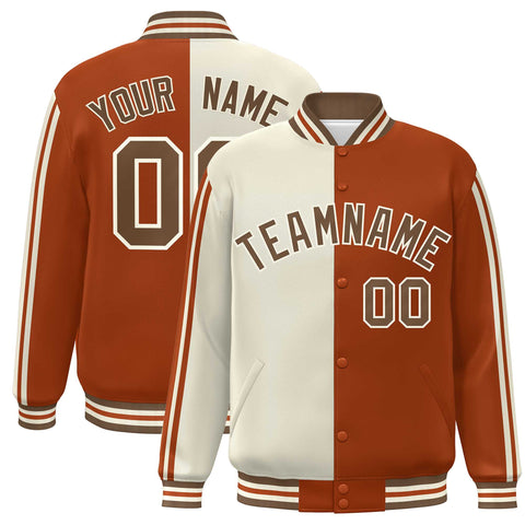 Custom Orange Khaki Two Tone Color Block Bomber Varsity Baseball Jacket
