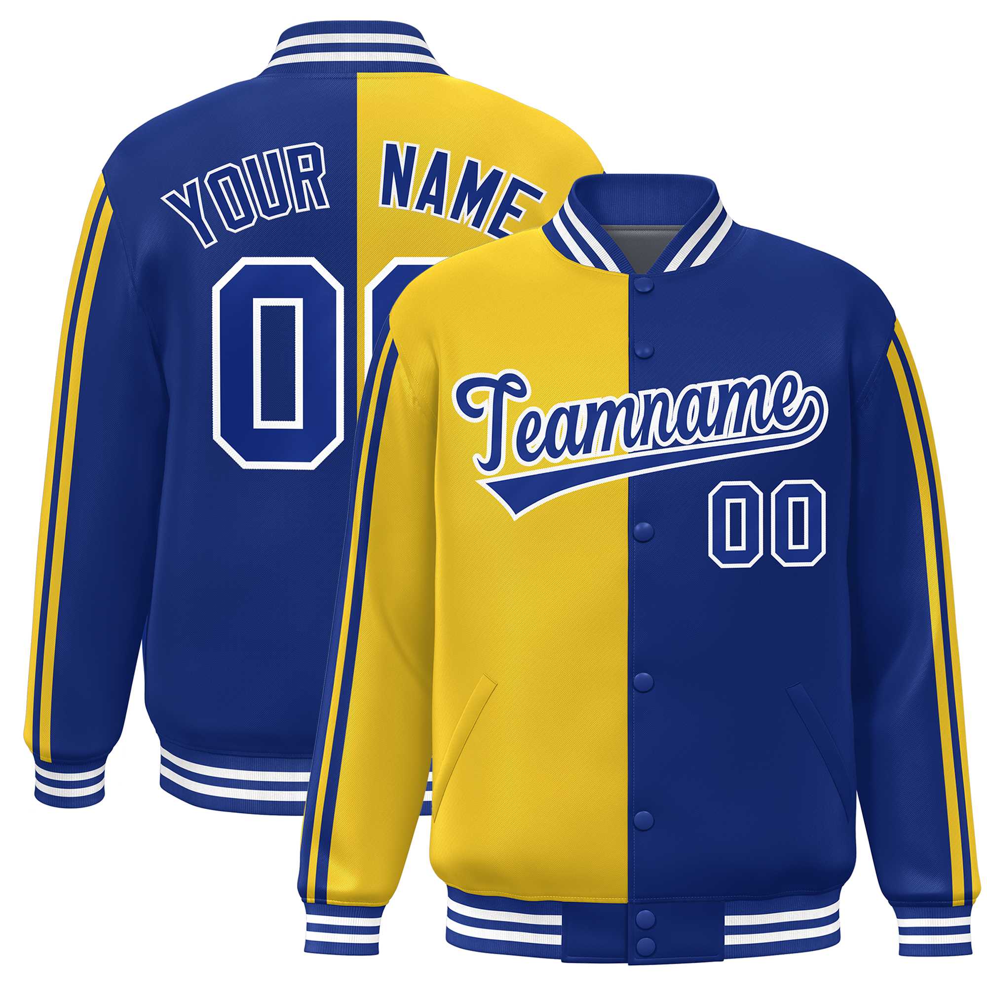 Custom Royal Gold Two Tone Color Block Bomber Varsity Baseball Jacket