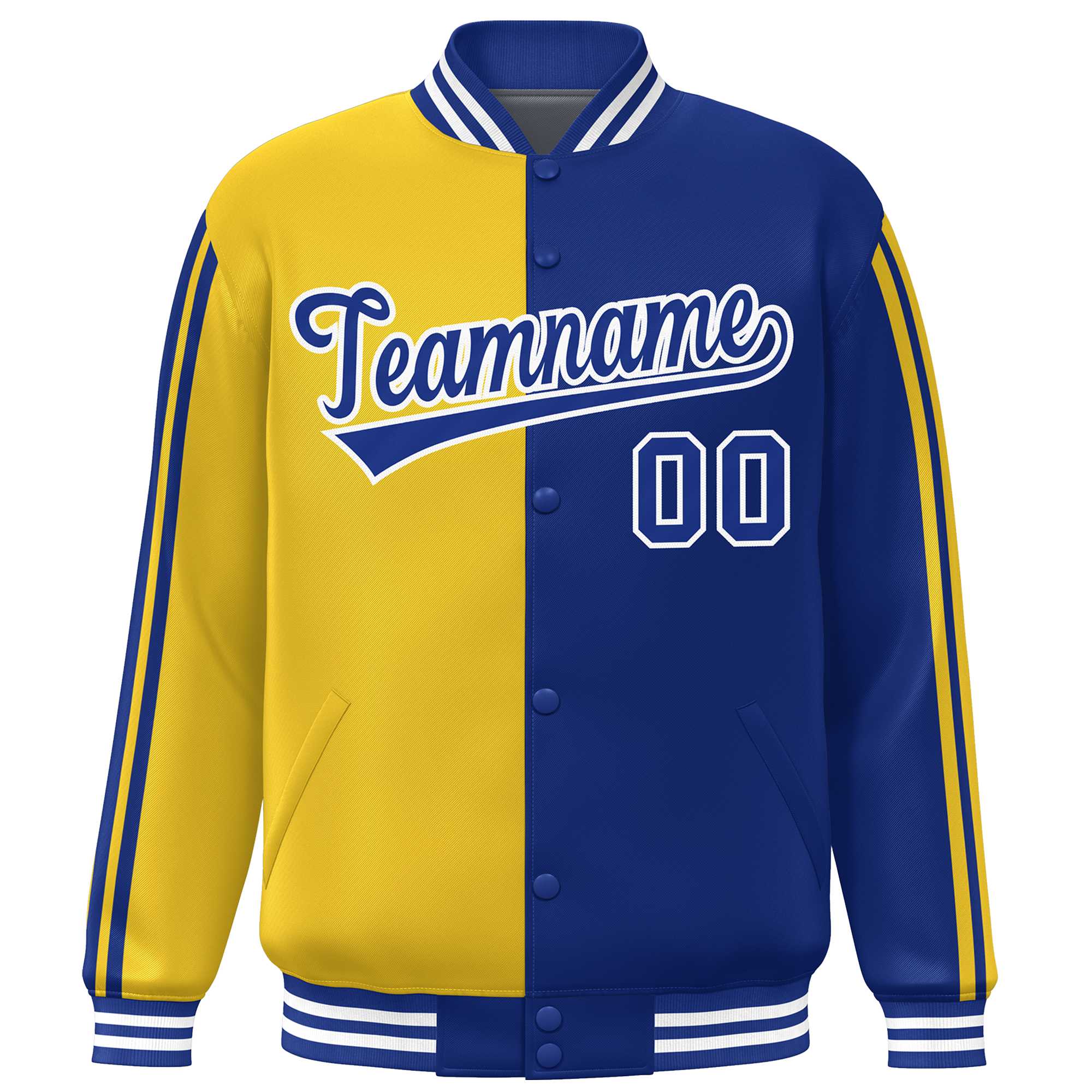 Custom Royal Gold Two Tone Color Block Bomber Varsity Baseball Jacket