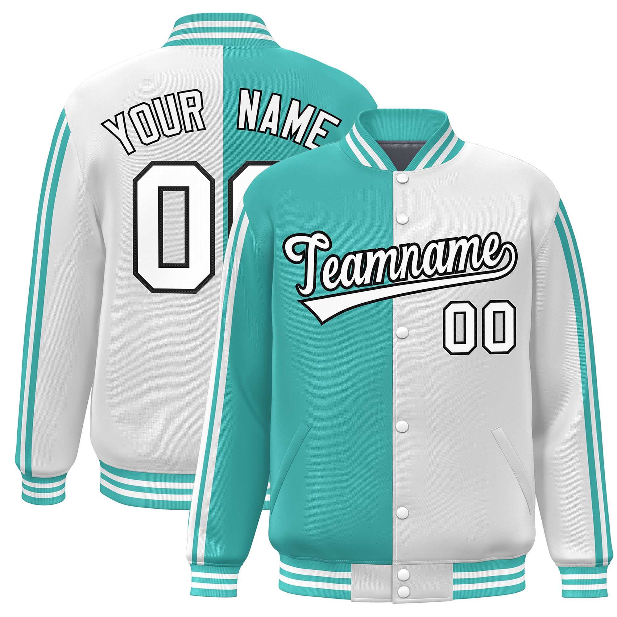 Custom White Aqua Two Tone Color Block Bomber Varsity Baseball Jacket