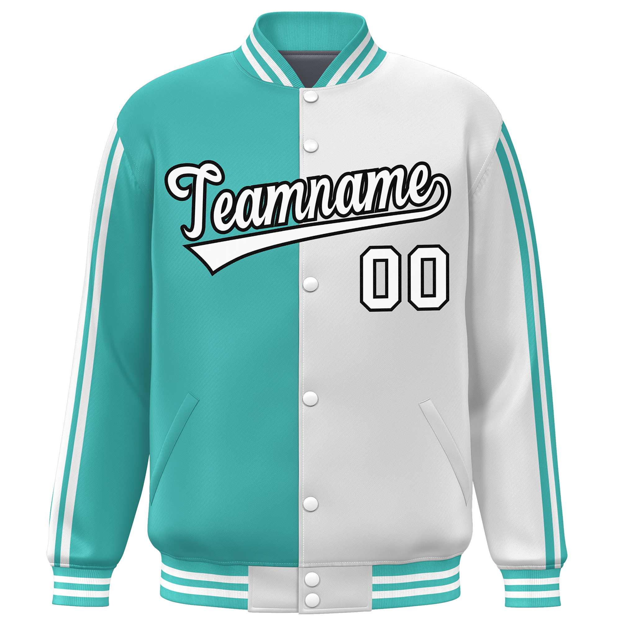 Custom White Aqua Two Tone Color Block Bomber Varsity Baseball Jacket