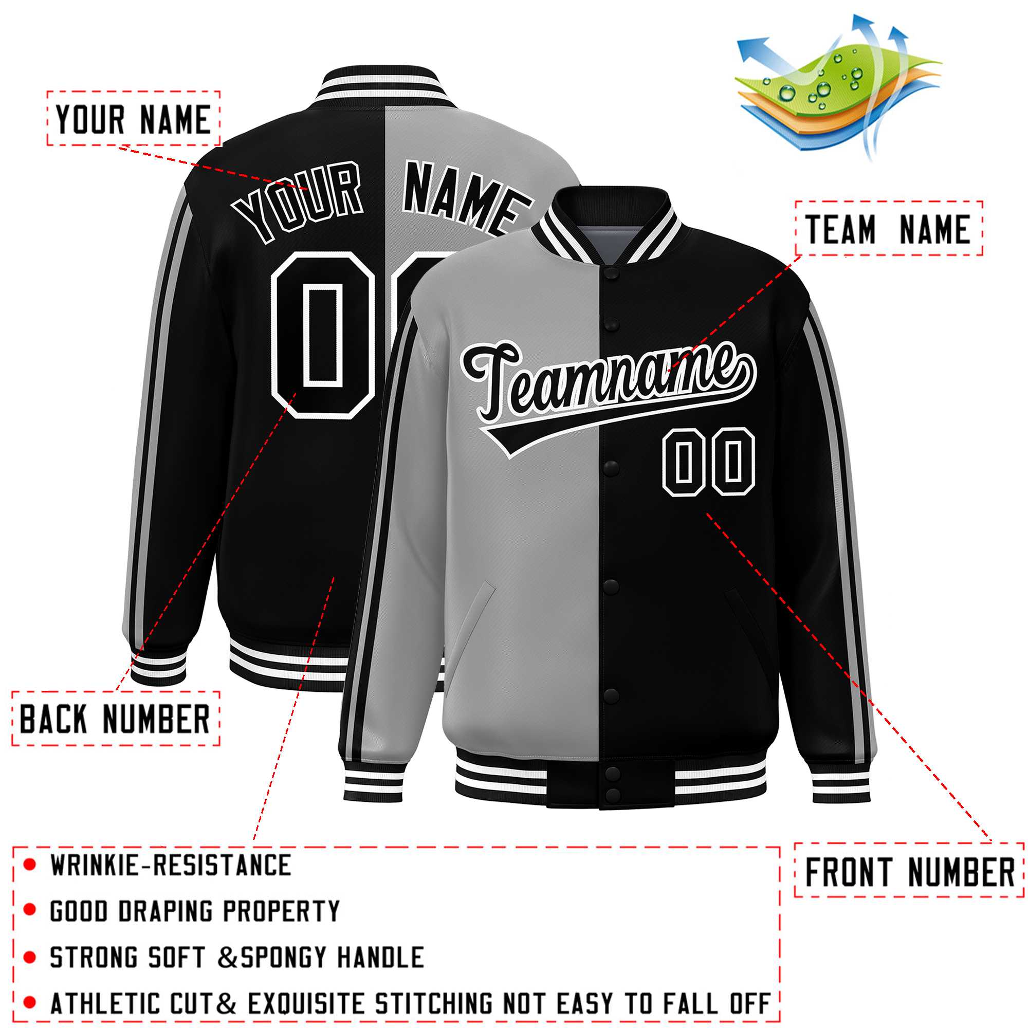 Custom Black Gray Two Tone Color Block Bomber Varsity Baseball Jacket