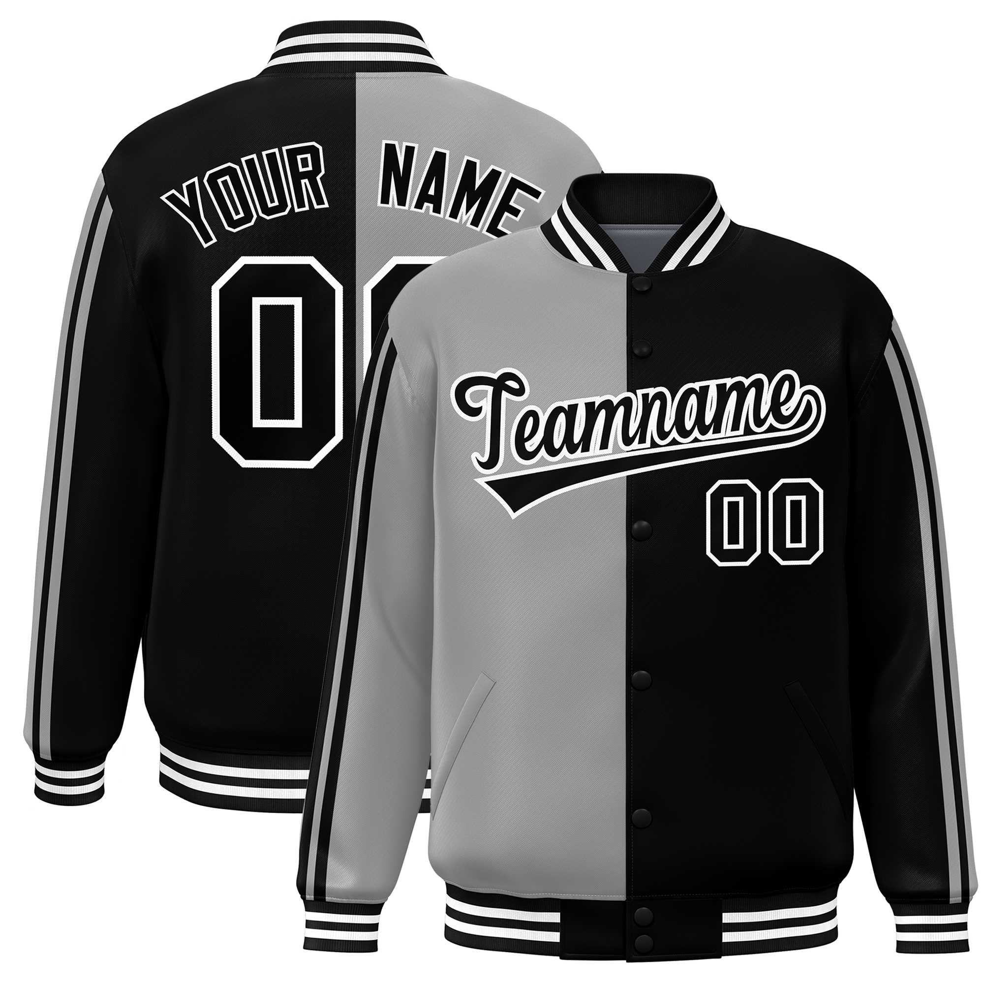 Custom Black Gray Two Tone Color Block Bomber Varsity Baseball Jacket