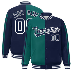 Custom Navy Aqua Two Tone Color Block Bomber Varsity Baseball Jacket