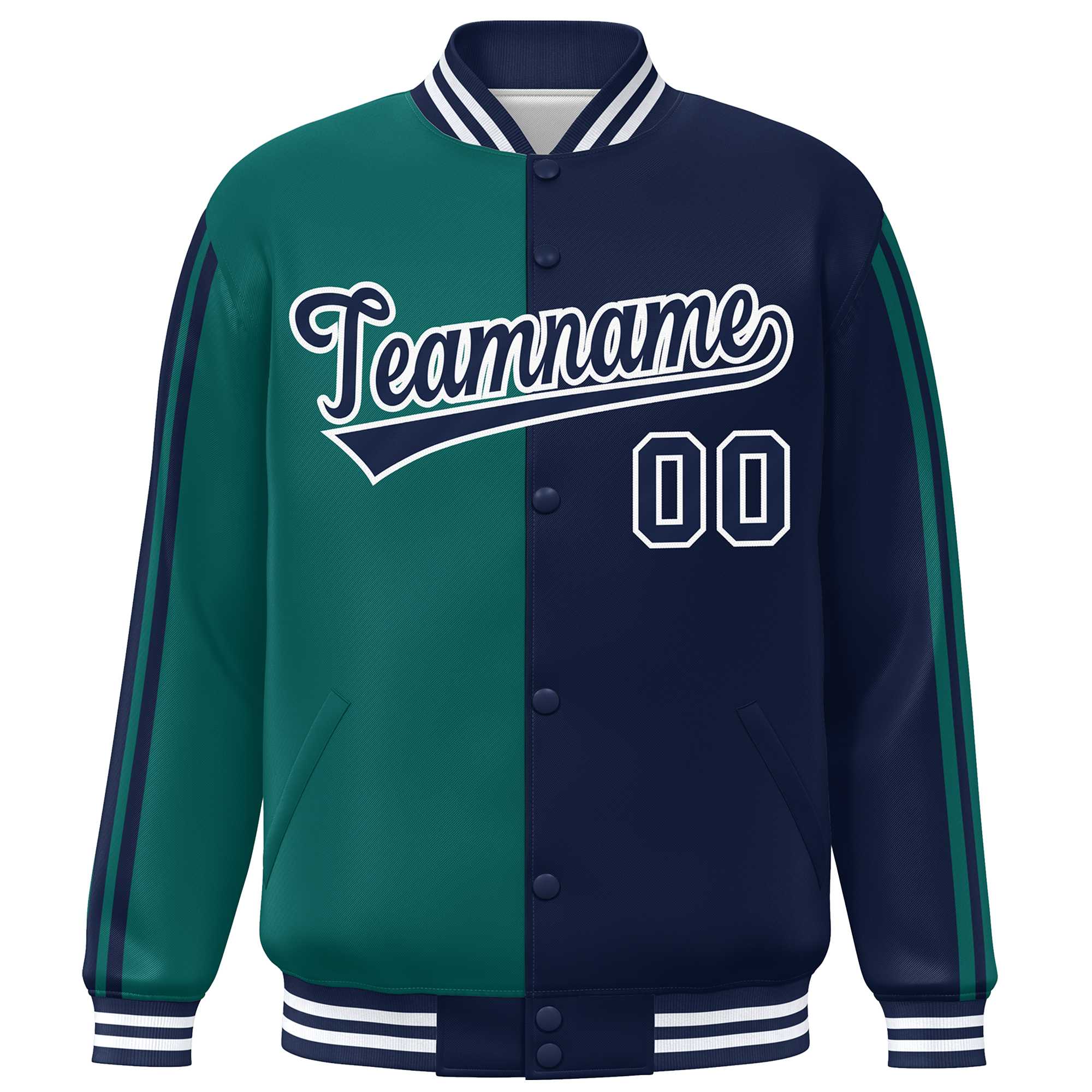 Custom Navy Aqua Two Tone Color Block Bomber Varsity Baseball Jacket