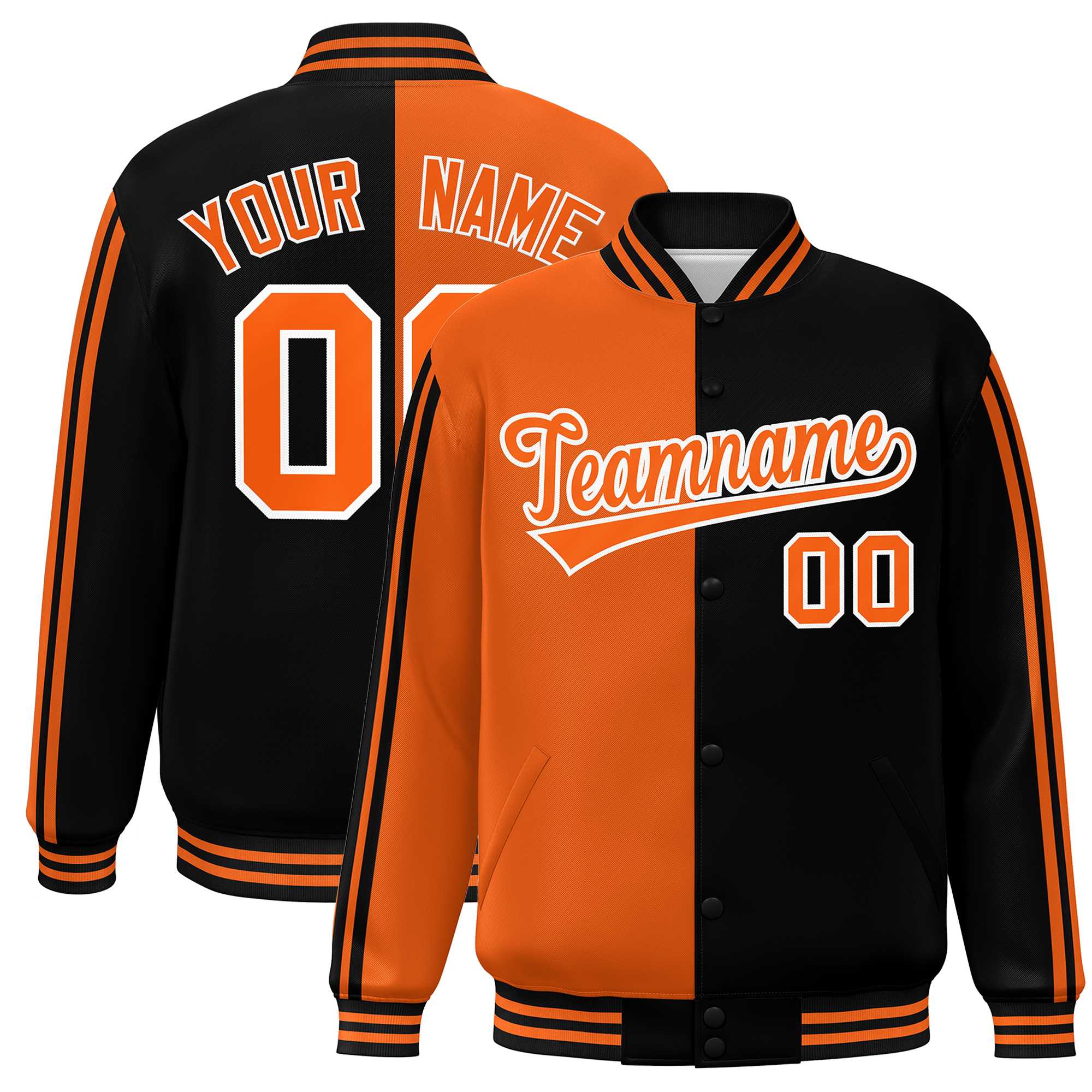 Custom Black Orange Two Tone Color Block Bomber Varsity Baseball Jacket