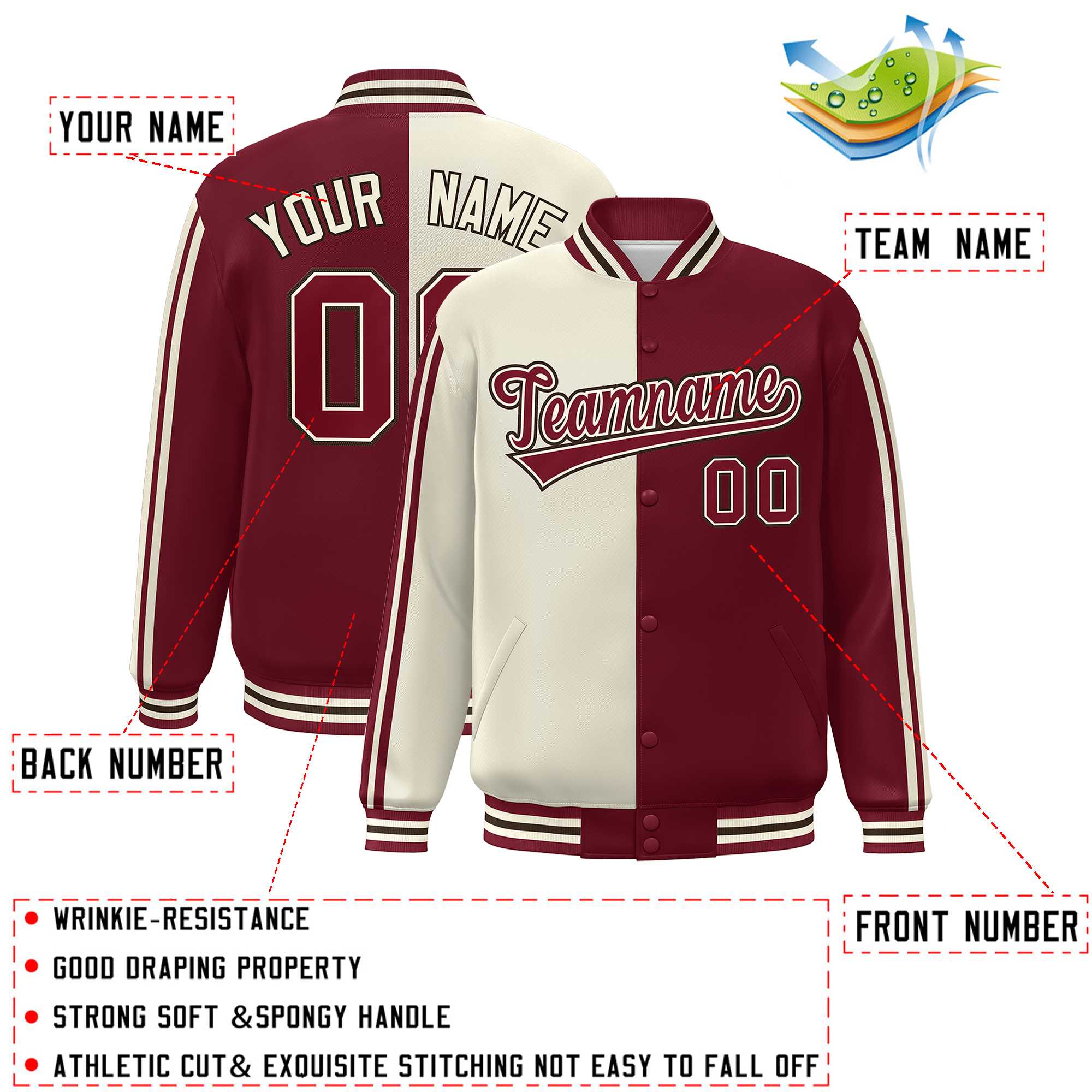 Custom Crimson Cream Two Tone Color Block Bomber Varsity Baseball Jacket