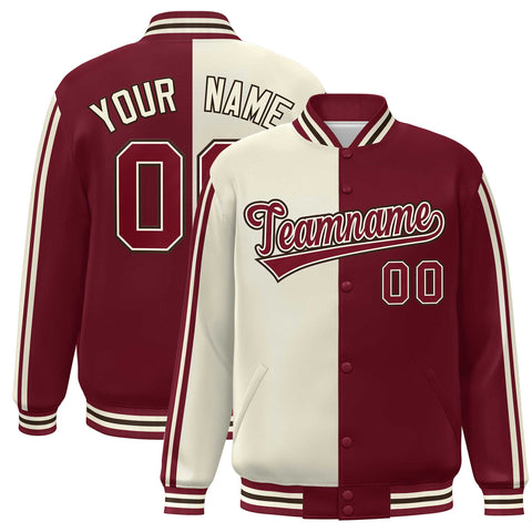 Custom Crimson Cream Two Tone Color Block Bomber Varsity Baseball Jacket