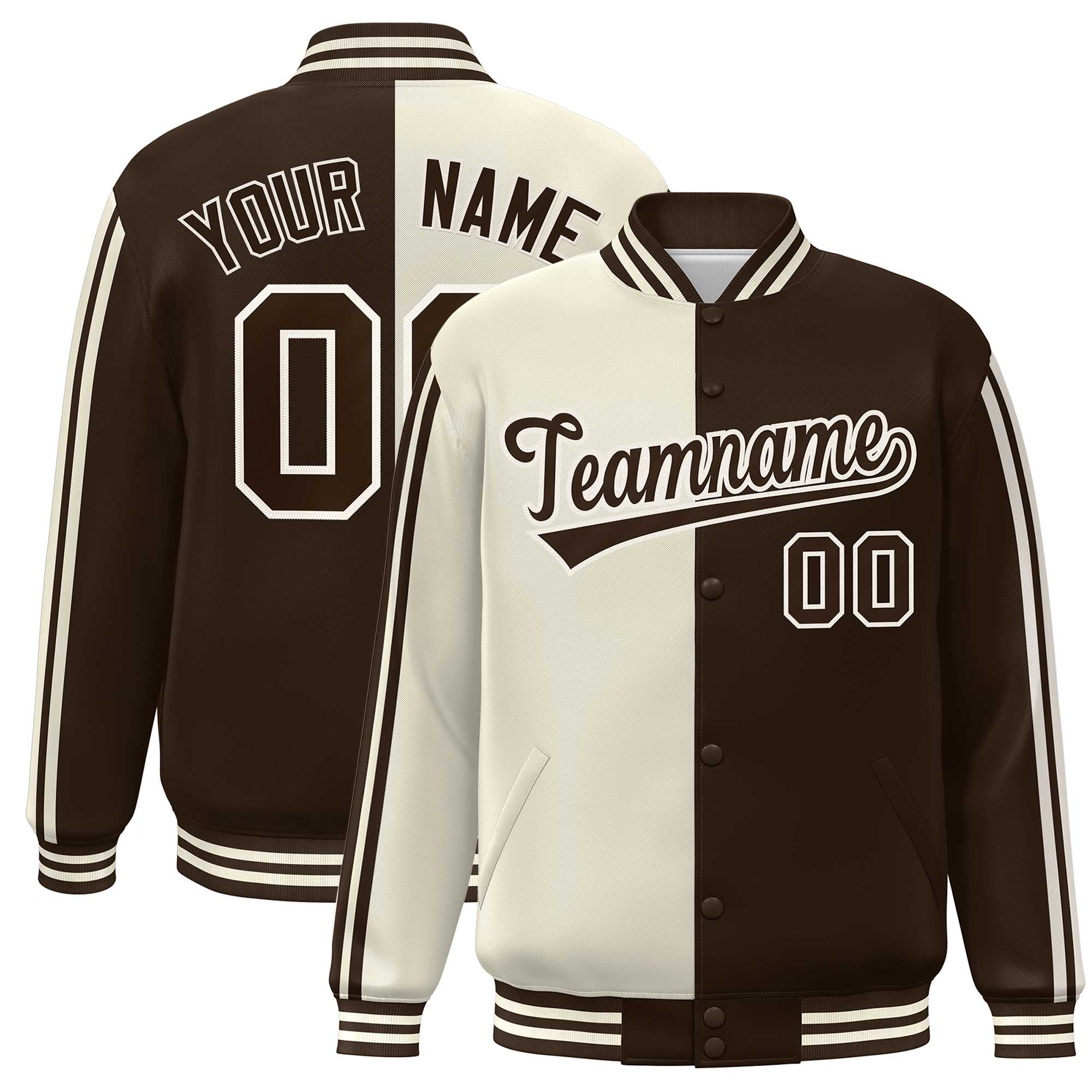 Custom Brown Cream Two Tone Color Block Bomber Varsity Baseball Jacket