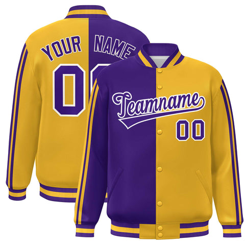Custom Gold Purple-White Two Tone Color Block Bomber Varsity Baseball Jacket