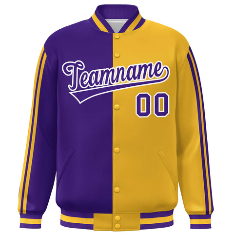 Custom Gold Purple-White Two Tone Color Block Bomber Varsity Baseball Jacket