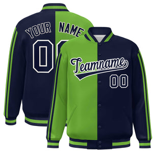 Custom Navy Neon Green-White Two Tone Color Block Bomber Varsity Baseball Jacket