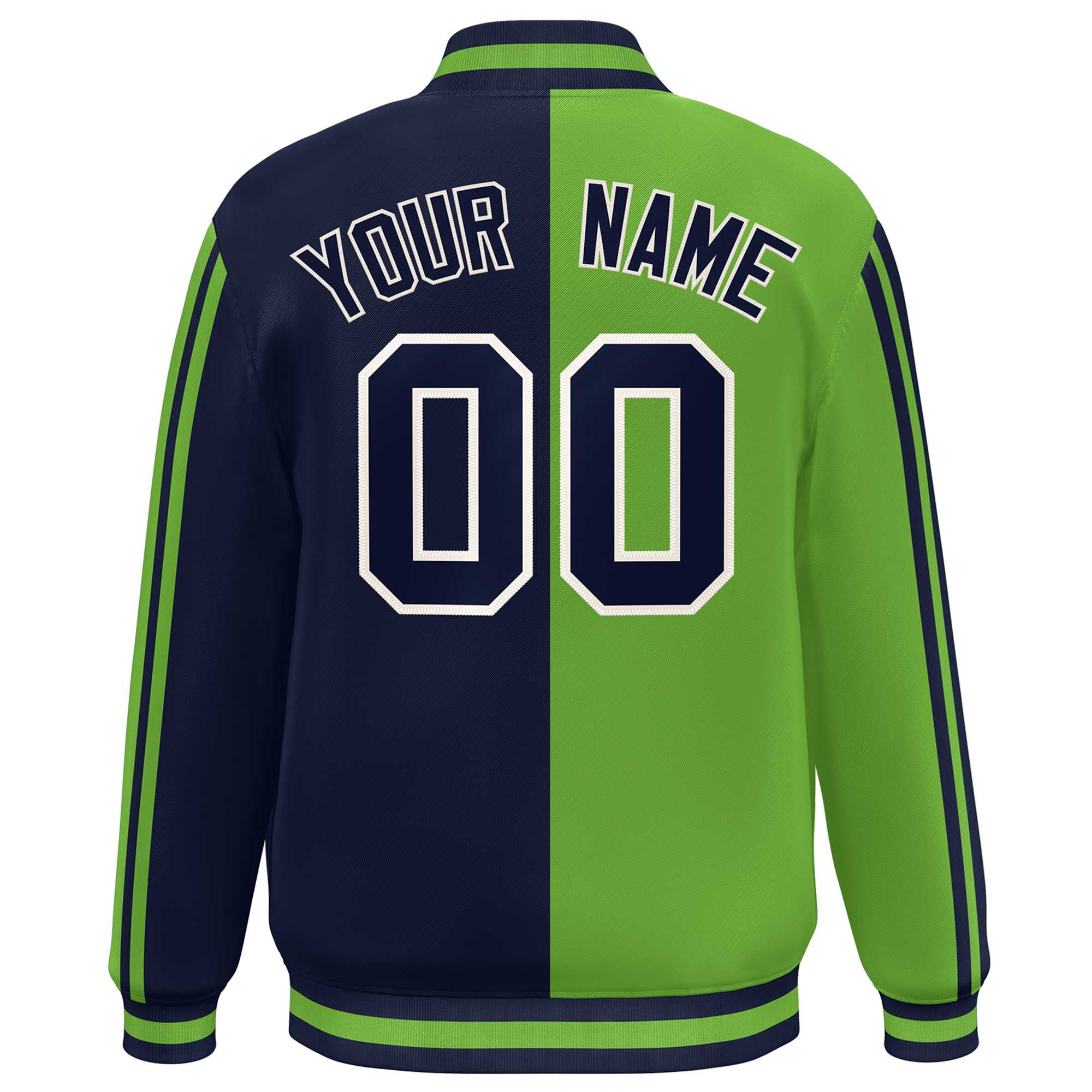 Custom Navy Neon Green-White Two Tone Color Block Bomber Varsity Baseball Jacket