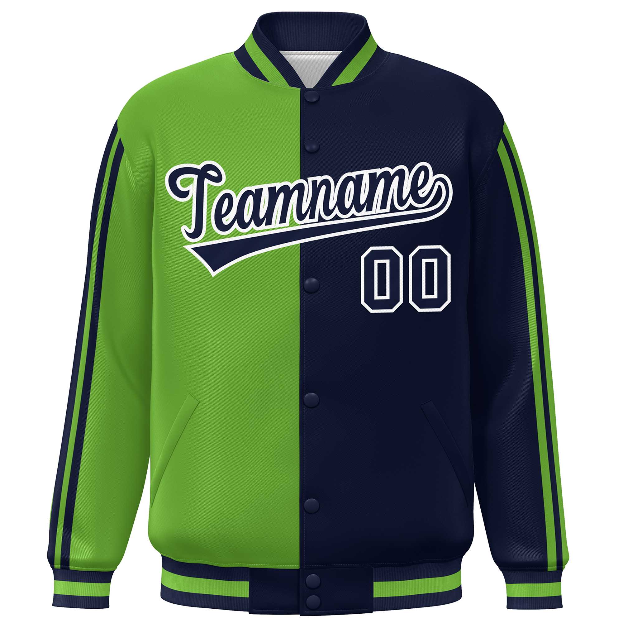 Custom Navy Neon Green-White Two Tone Color Block Bomber Varsity Baseball Jacket