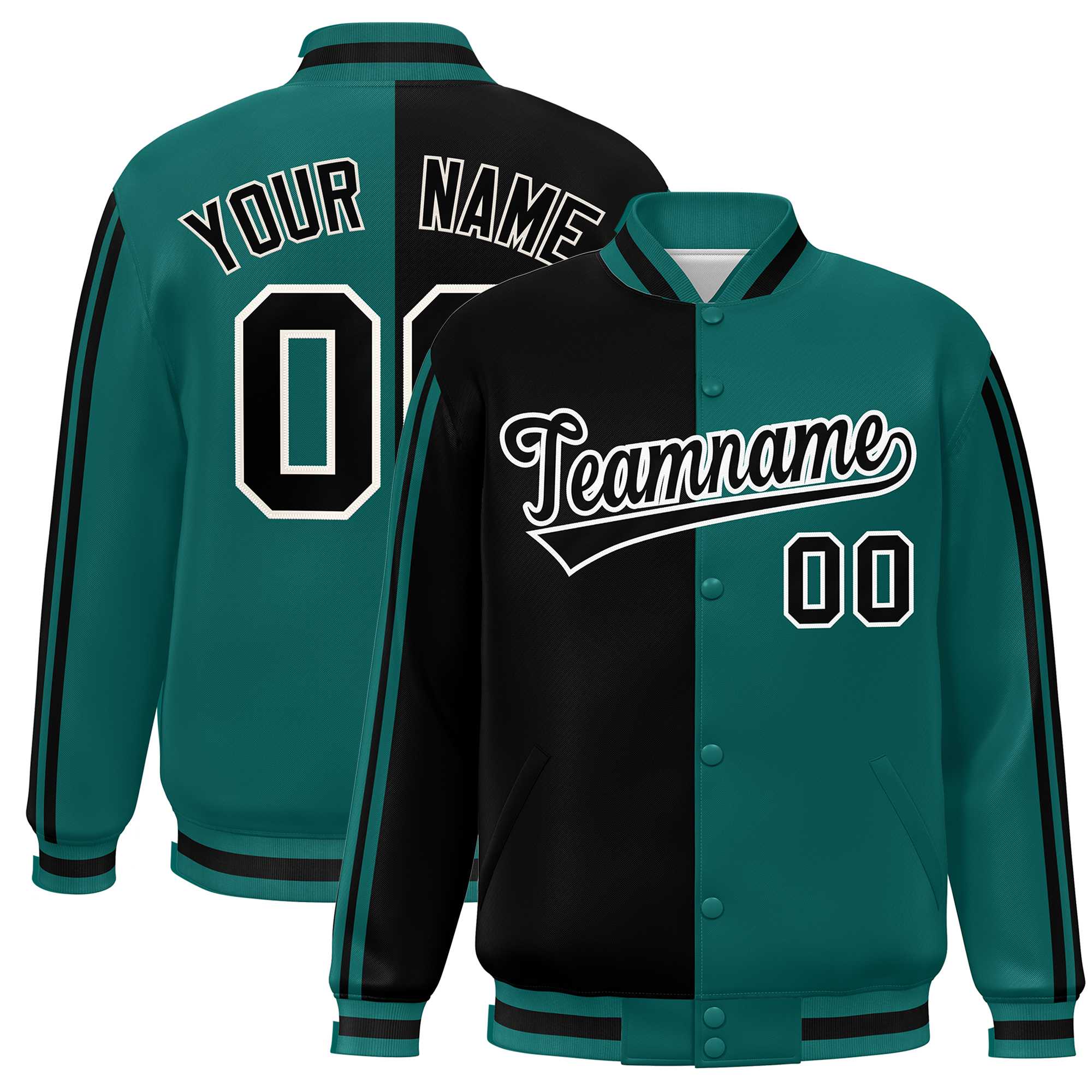 Custom Aqua Black-White Two Tone Color Block Bomber Varsity Baseball Jacket