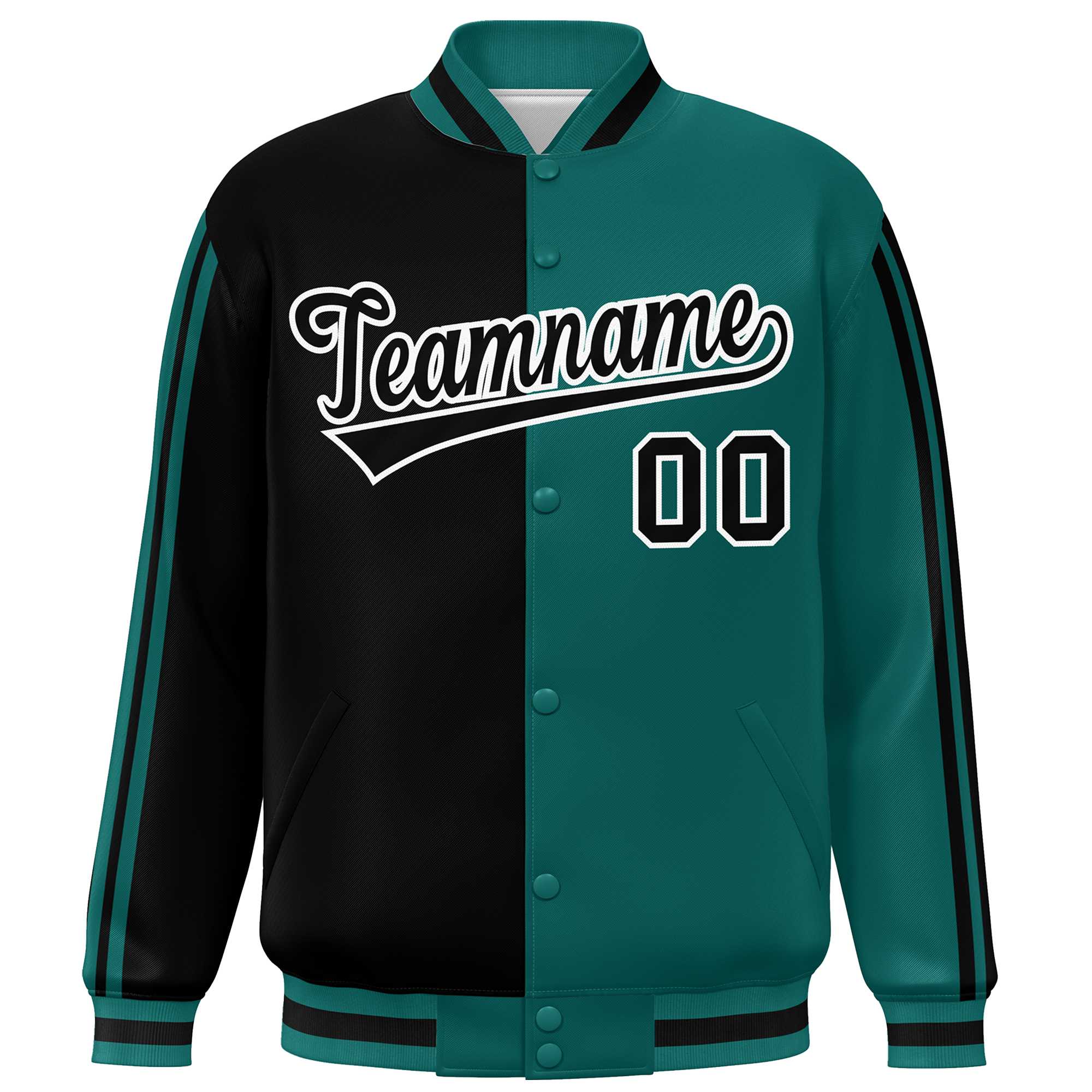 Custom Aqua Black-White Two Tone Color Block Bomber Varsity Baseball Jacket