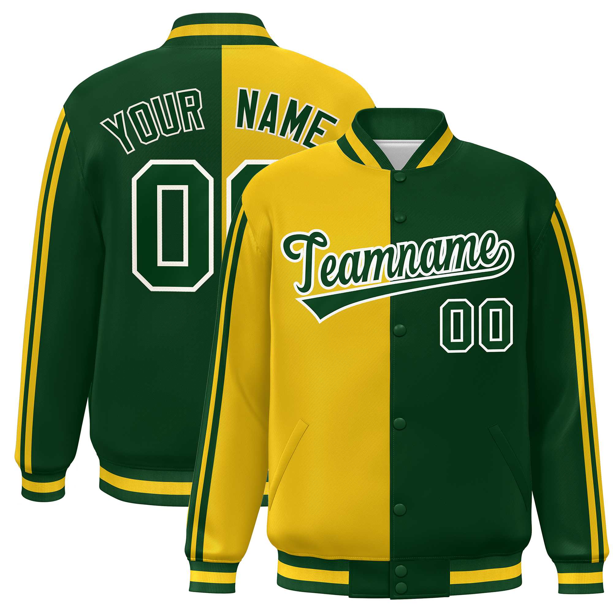 Custom Kelly Green Gold-White Two Tone Color Block Bomber Varsity Baseball Jacket