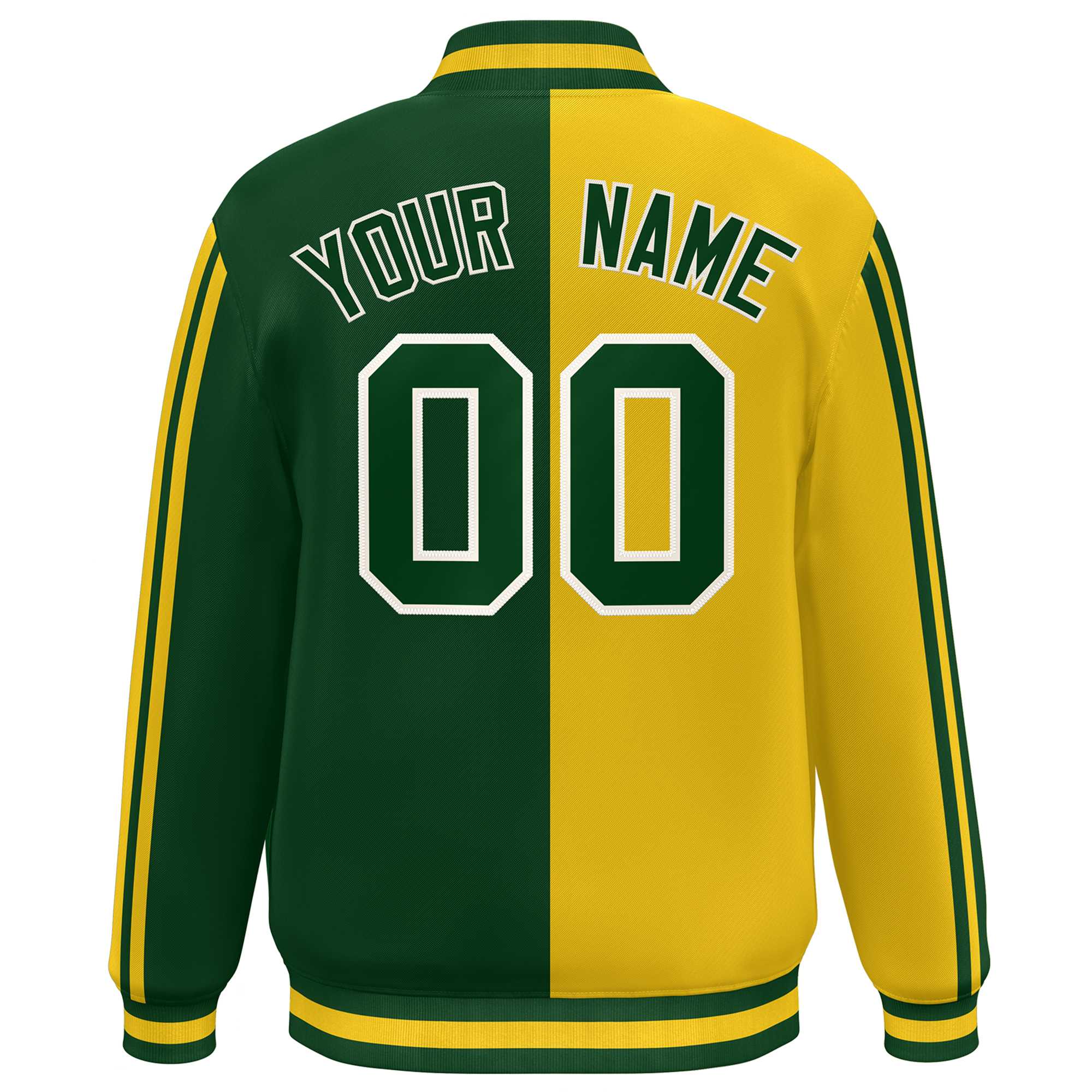 Custom Kelly Green Gold-White Two Tone Color Block Bomber Varsity Baseball Jacket