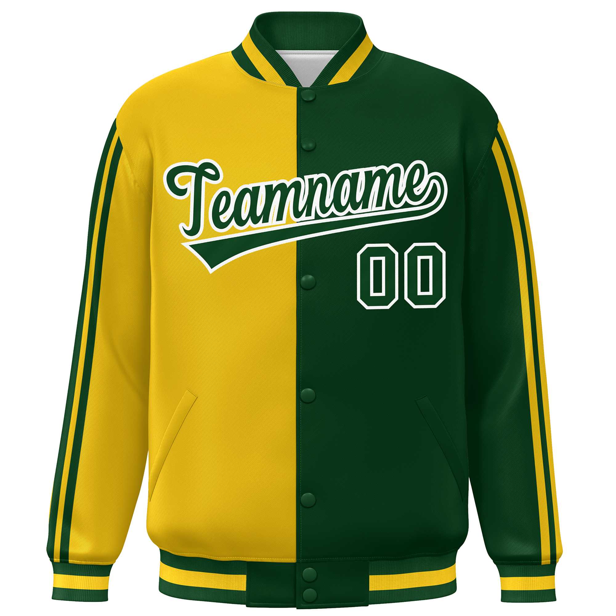 Custom Kelly Green Gold-White Two Tone Color Block Bomber Varsity Baseball Jacket