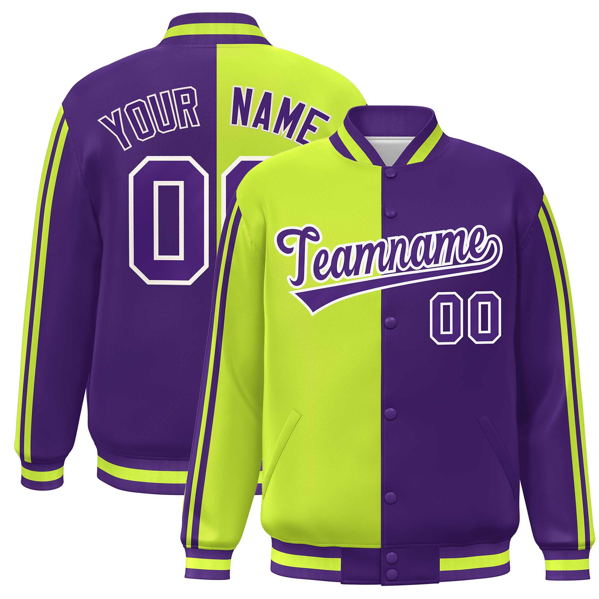 Custom Purple Neon Green-White Two Tone Color Block Bomber Varsity Baseball Jacket