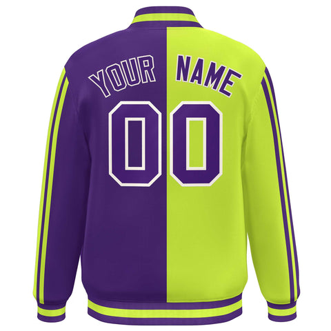 Custom Purple Neon Green-White Two Tone Color Block Bomber Varsity Baseball Jacket