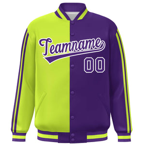 Custom Purple Neon Green-White Two Tone Color Block Bomber Varsity Baseball Jacket