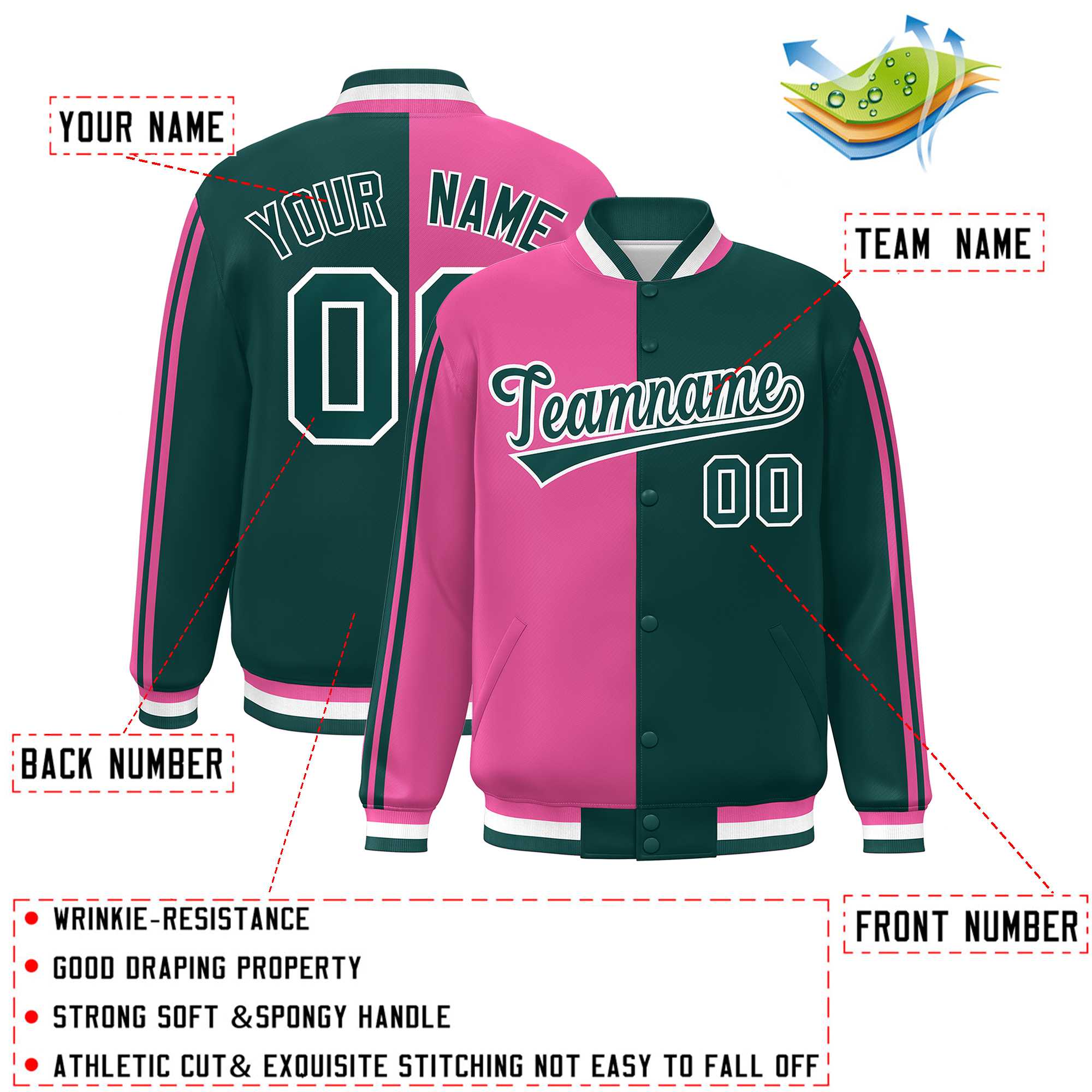 Custom Midnight Green Pink-White Two Tone Color Block Bomber Varsity Baseball Jacket