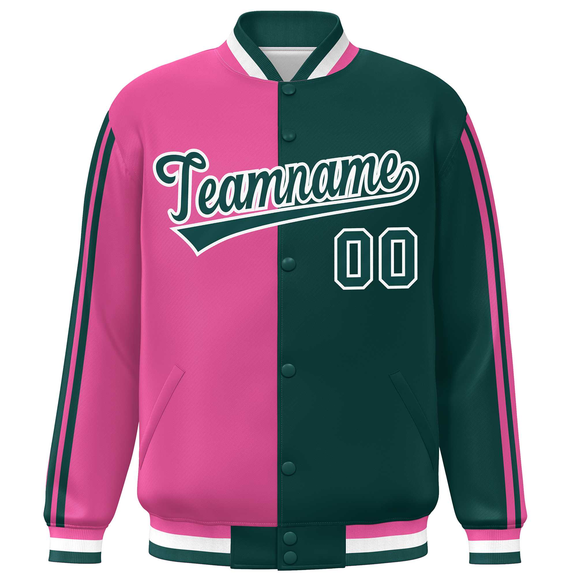 Custom Midnight Green Pink-White Two Tone Color Block Bomber Varsity Baseball Jacket