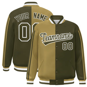 Custom Olive Desert Yellow-White Two Tone Color Block Bomber Varsity Baseball Jacket