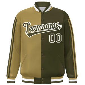 Custom Olive Desert Yellow-White Two Tone Color Block Bomber Varsity Baseball Jacket