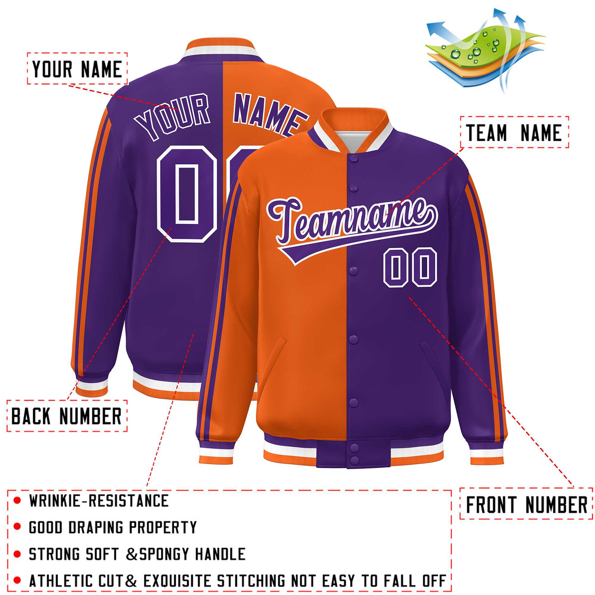 Custom Purple Orange-White Two Tone Color Block Bomber Varsity Baseball Jacket