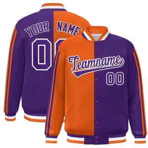 Custom Purple Orange-White Two Tone Color Block Bomber Varsity Baseball Jacket