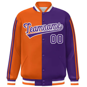 Custom Purple Orange-White Two Tone Color Block Bomber Varsity Baseball Jacket