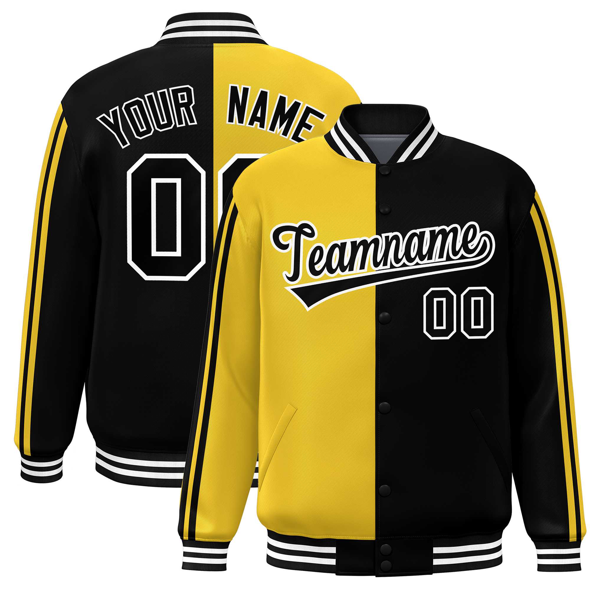 Custom Black Gold-White Two Tone Color Block Bomber Varsity Baseball Jacket