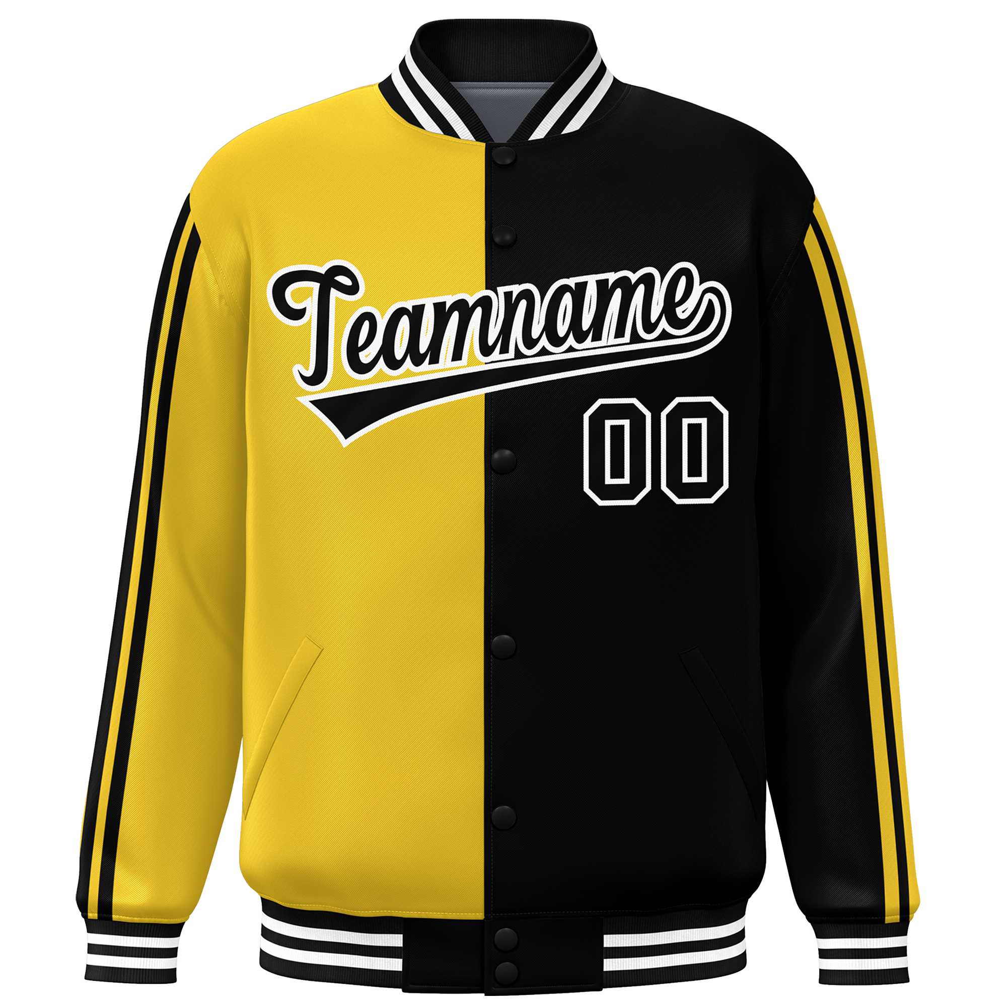 Custom Black Gold-White Two Tone Color Block Bomber Varsity Baseball Jacket