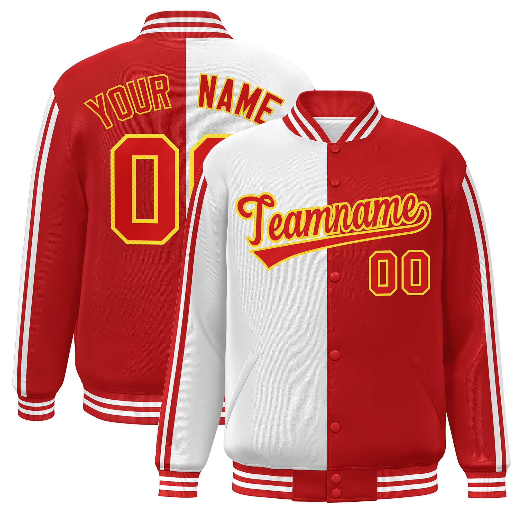 Custom Red White-Yellow Two Tone Color Block Bomber Varsity Baseball Jacket