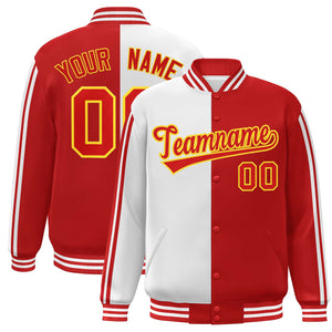 Custom Red White-Yellow Two Tone Color Block Bomber Varsity Baseball Jacket