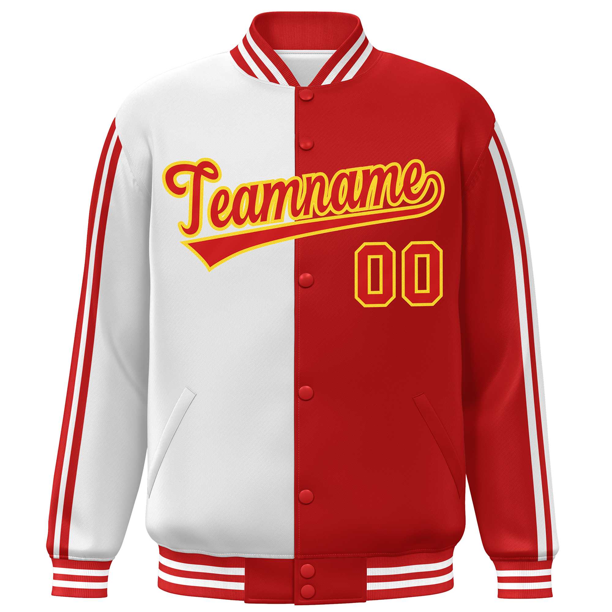 Custom Red White-Yellow Two Tone Color Block Bomber Varsity Baseball Jacket