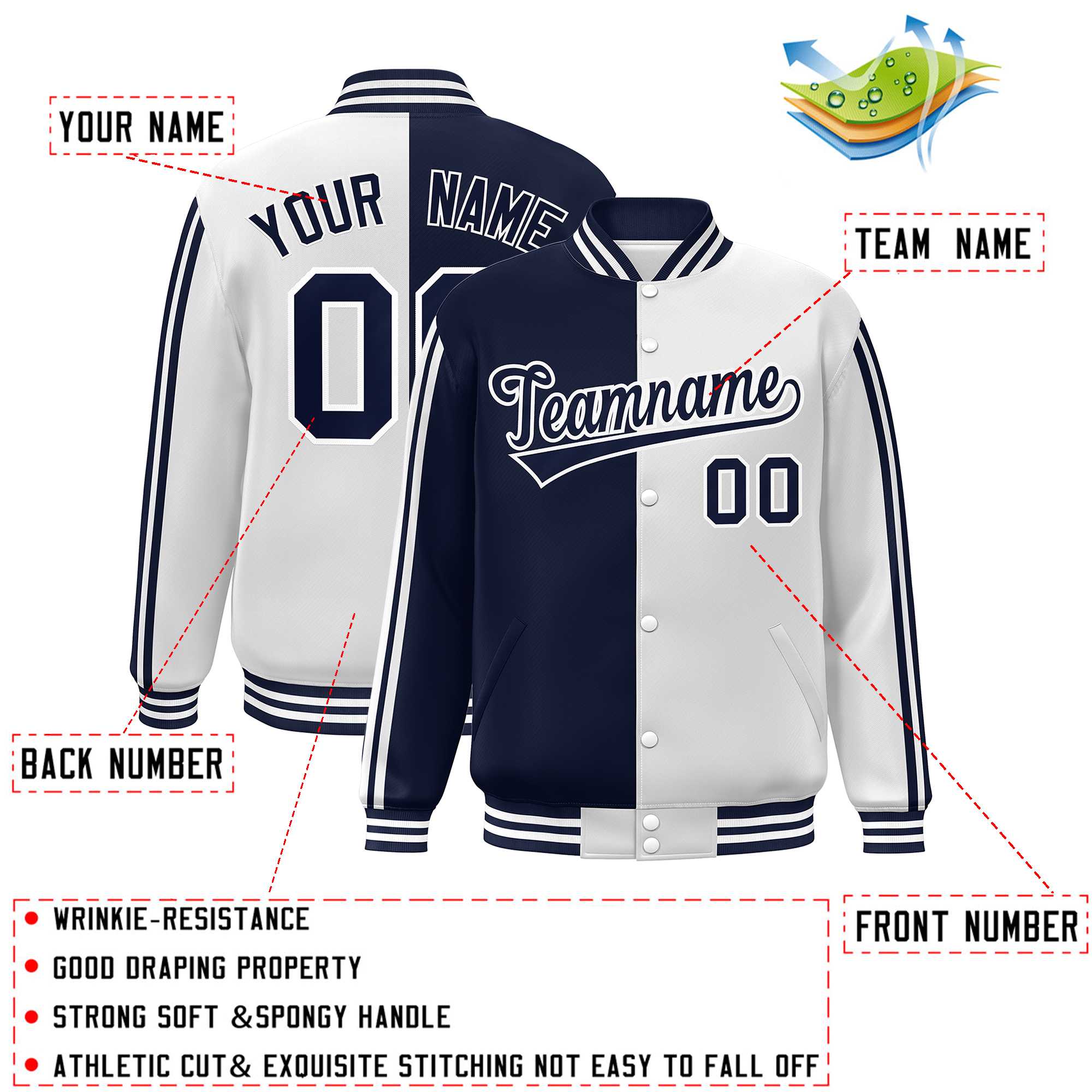 Custom White Navy Two Tone Color Block Bomber Varsity Baseball Jacket