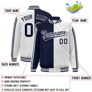 Custom White Navy Two Tone Color Block Bomber Varsity Baseball Jacket