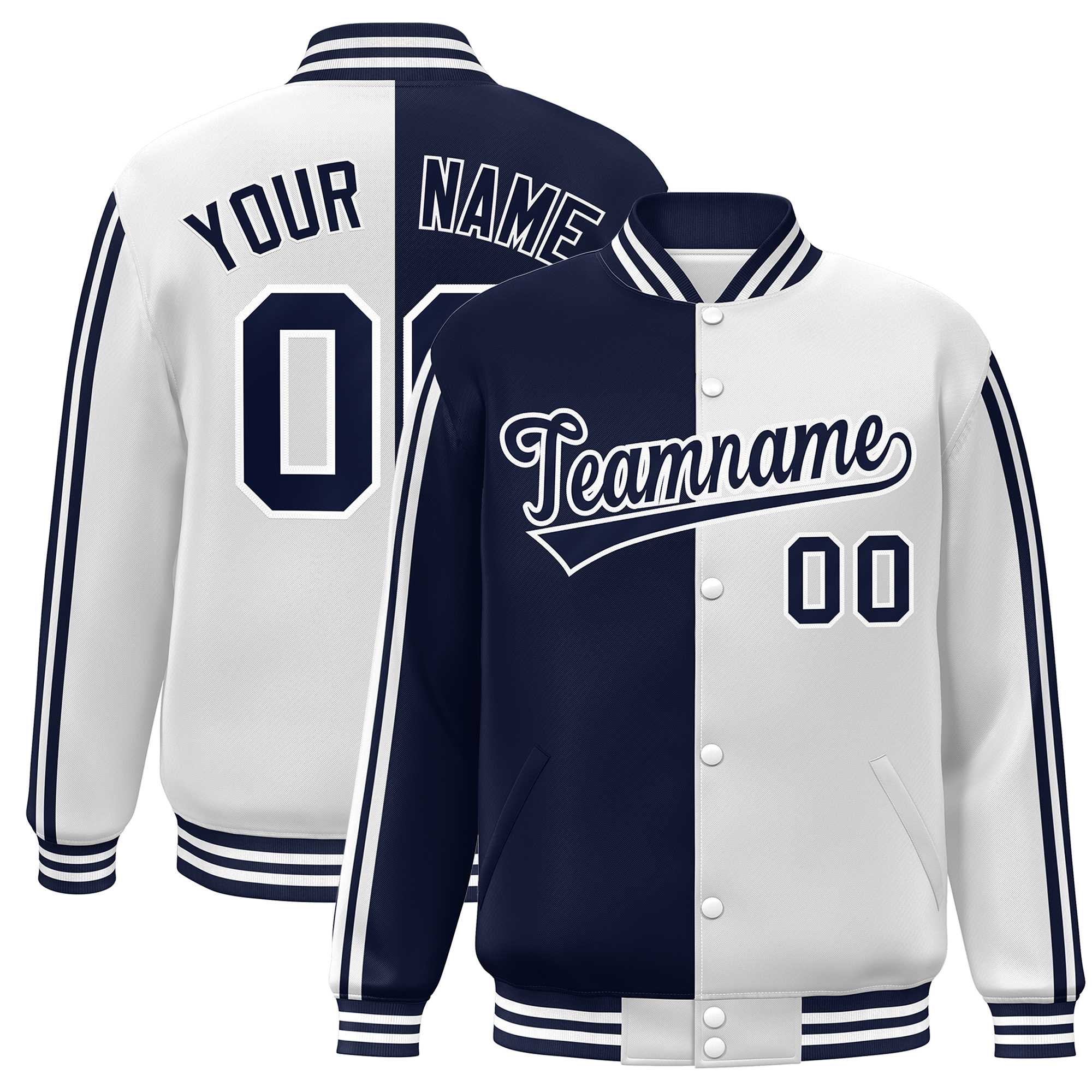 Custom White Navy Two Tone Color Block Bomber Varsity Baseball Jacket